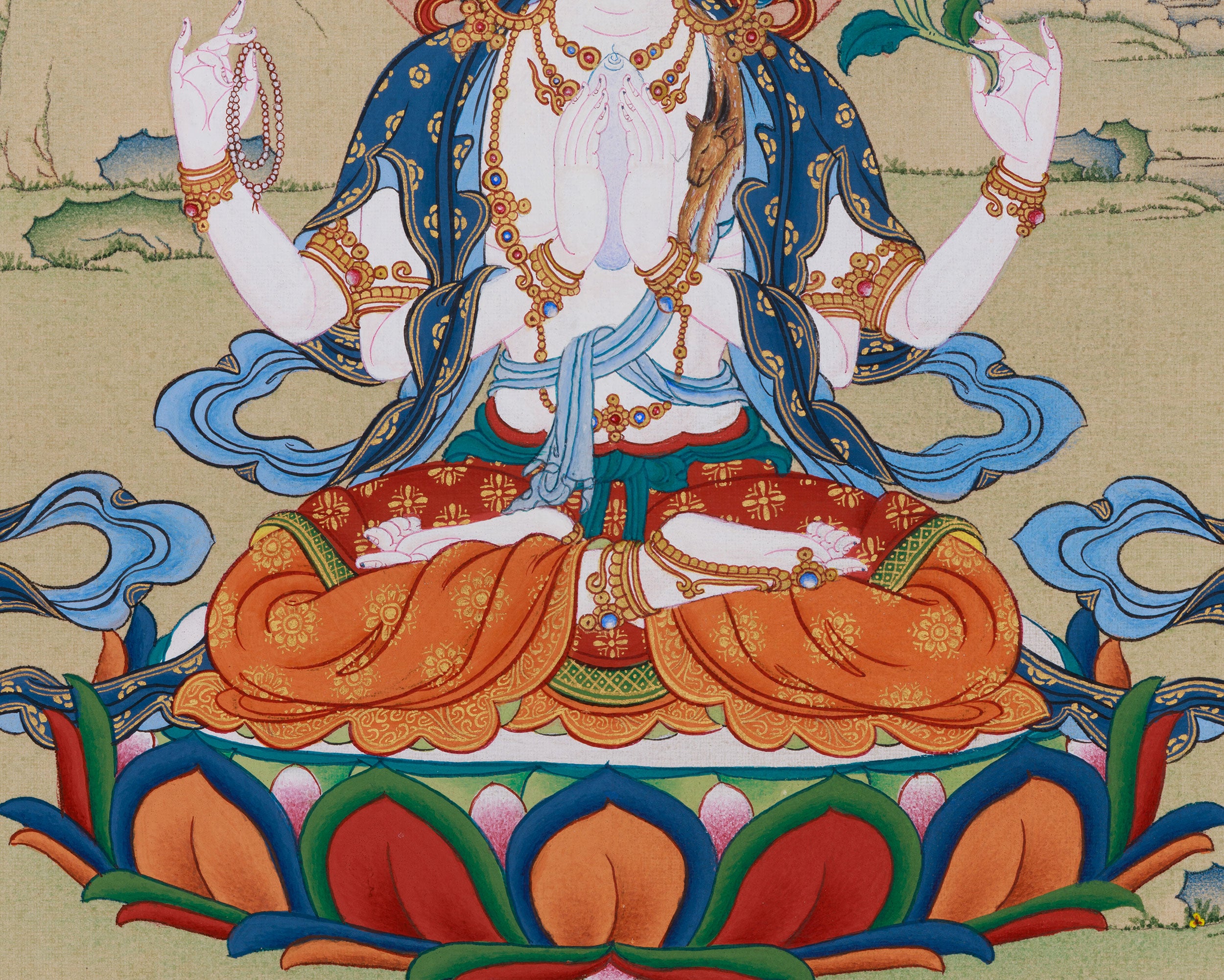 Four-Armed Chenrezig Buddha Thangka | A Symbol of Compassion | Includes Brocade