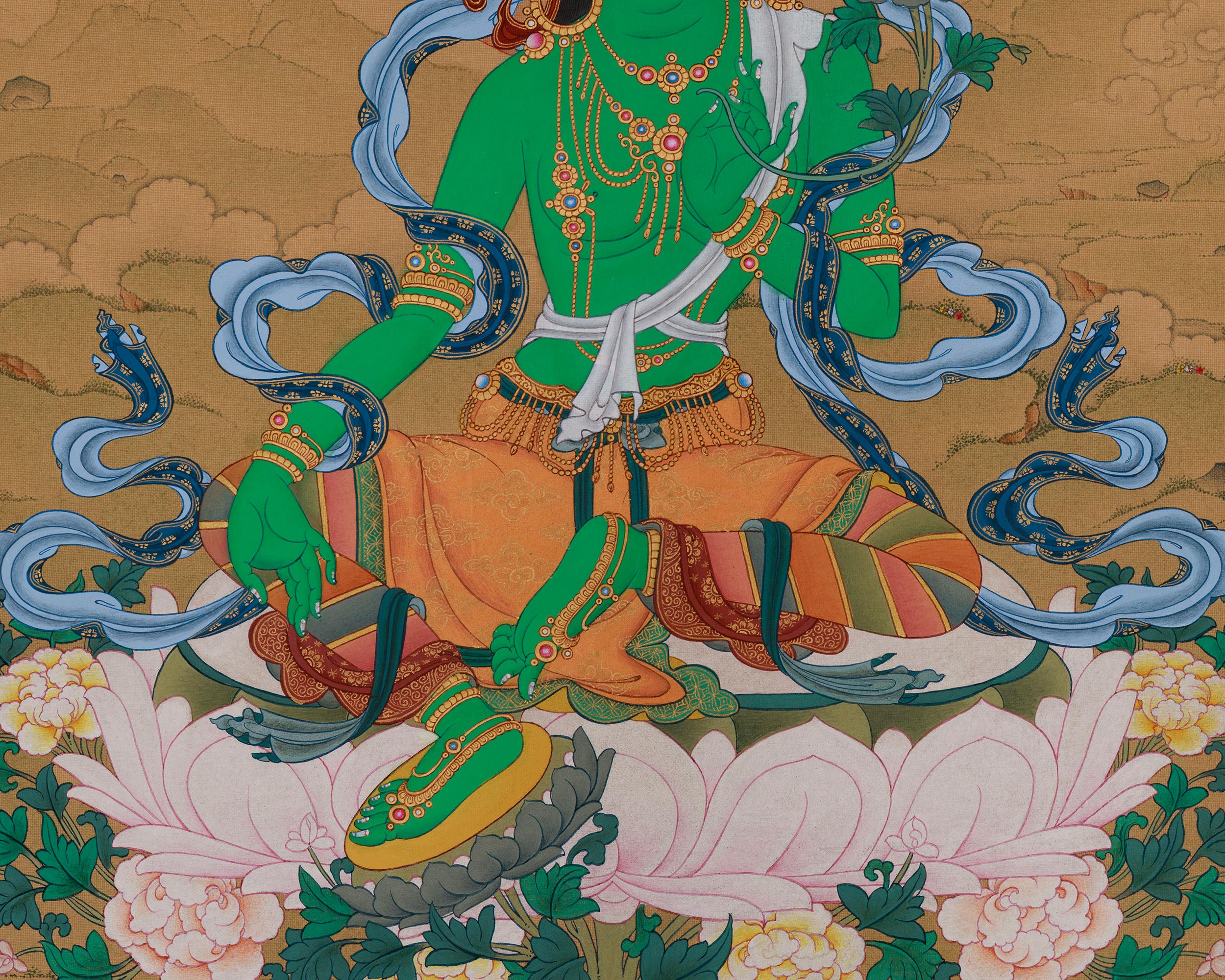 Divine Thangka of Green Tara with Amitabha Buddha | Goddess of Compassion