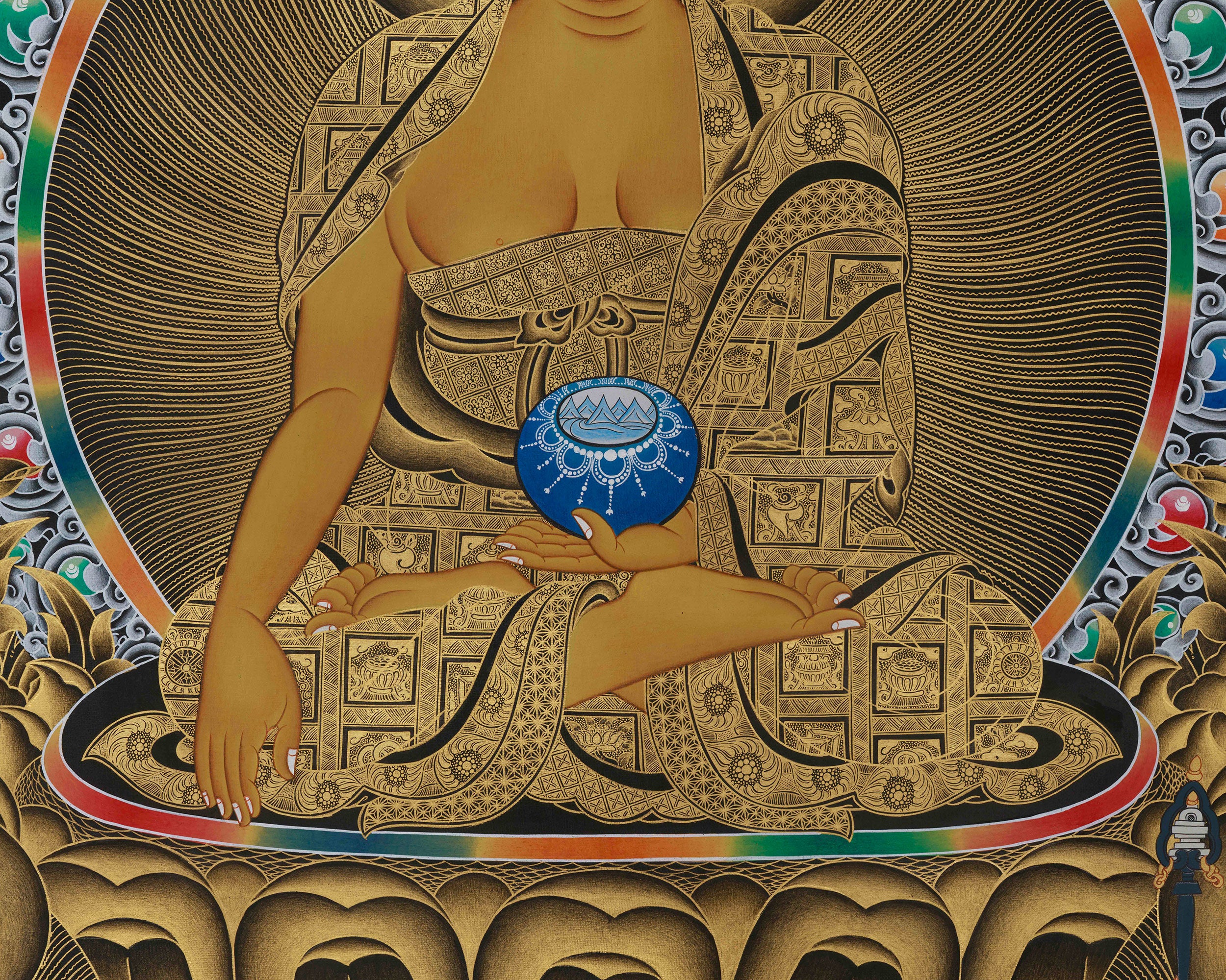 Gold Thangka of Shakyamuni Buddha | Five Dhyani Buddhas With Two Disciples