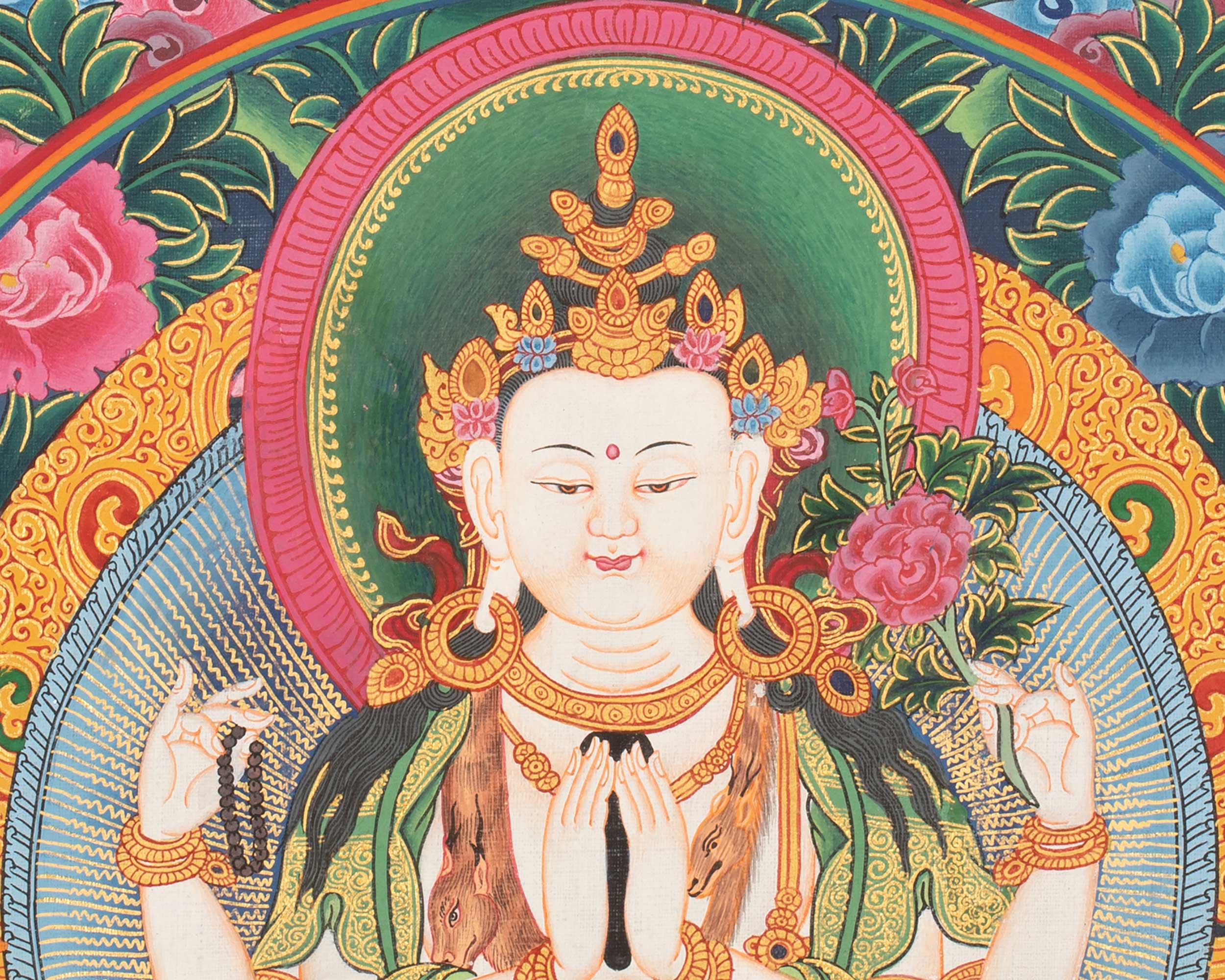 4 Armed Chengrezig Thangka | Buddhist Newari Art Style from Kathmandu Nepal