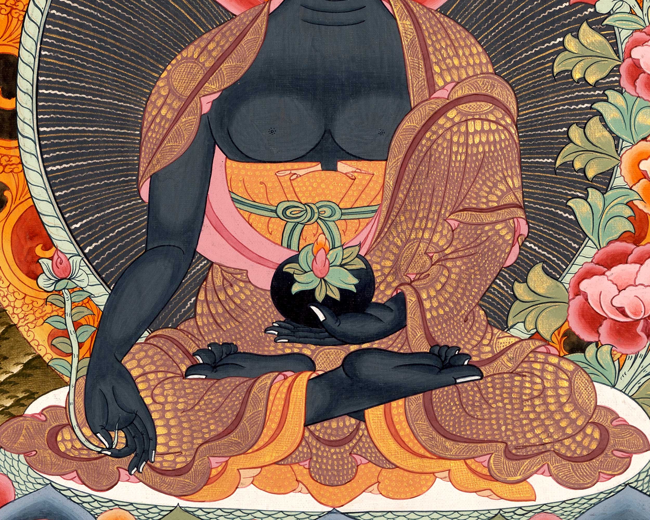 Medicine Buddha Originally Hand-Painted On Cotton Canvas | Shariputra and Maudalyana By His Side