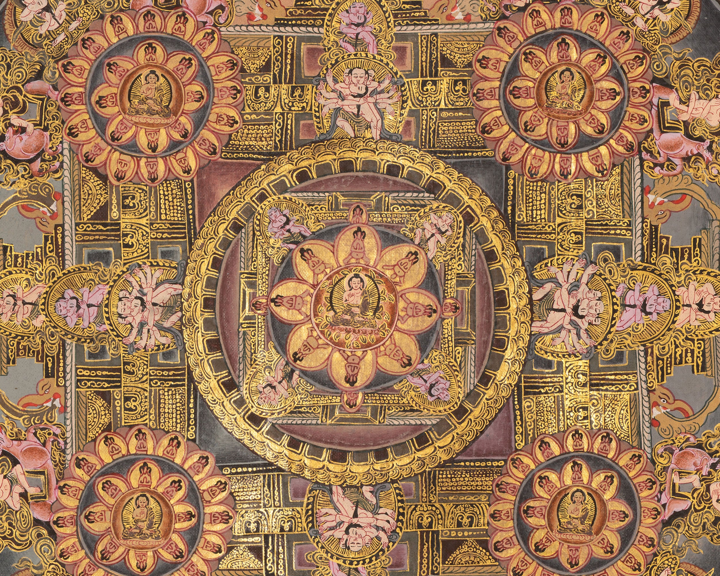 Traditional Buddha Mandala | 24K Gold Tibetan Thangka of Peace and Awakening