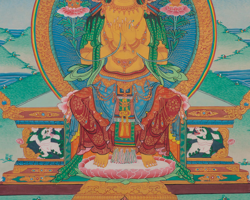 Future Buddha Maitreya Thangka | Sacred Art with Blue and Red Silk Brocade