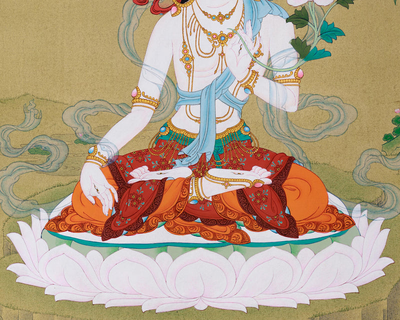 White Tara Thangka | Hand-Painted Karma Gadri Style | Spiritual Gift for Meditation