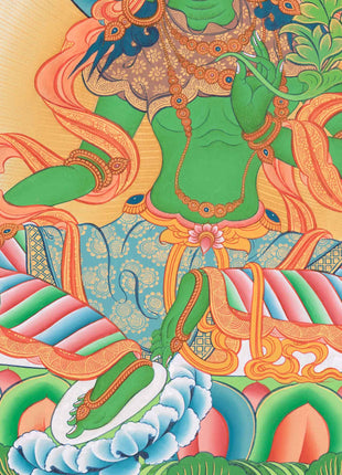 Handpainted Goddess Green Tara Thangka | Compassionate Deity