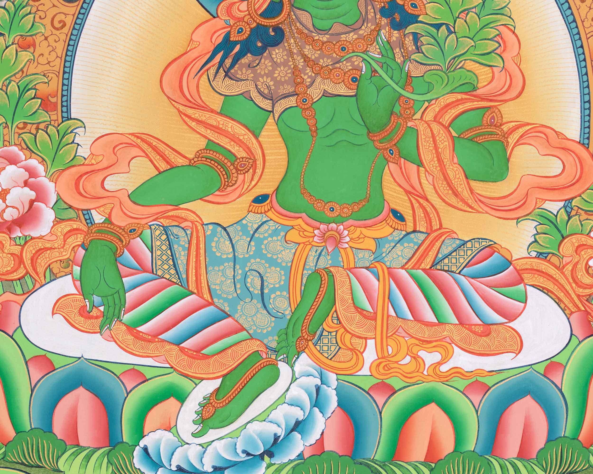 Handpainted Goddess Green Tara Thangka | Compassionate Deity