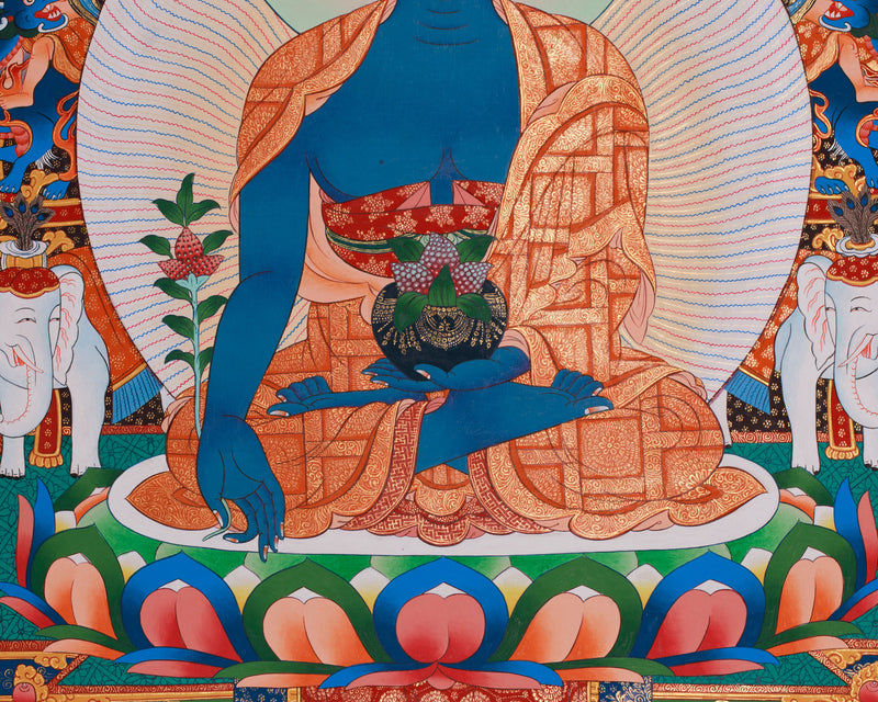 Lapis Lazuli Bhaisajyaguru Thangka | Medicine Buddha and Compassionate Guardians