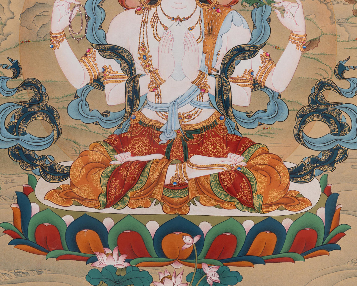 Chenrezig Compassionate Deity Thangka | Avalokiteshvara Art | Vajrayana Buddhism Artwork