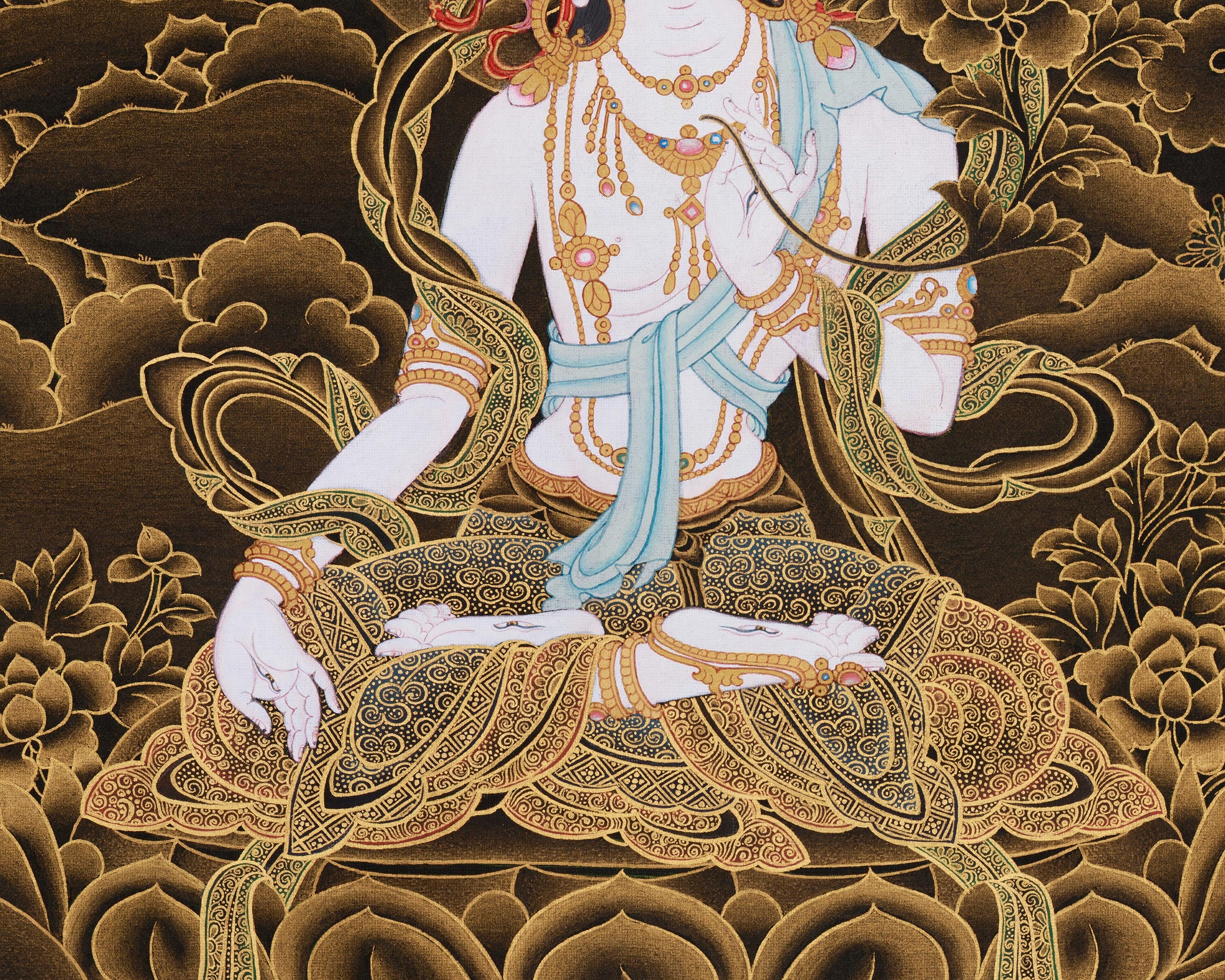Hand-Painted Three Deities of Long Life: White Tara, Amitayus, and Namgyalma | Gold Embellished Thangka