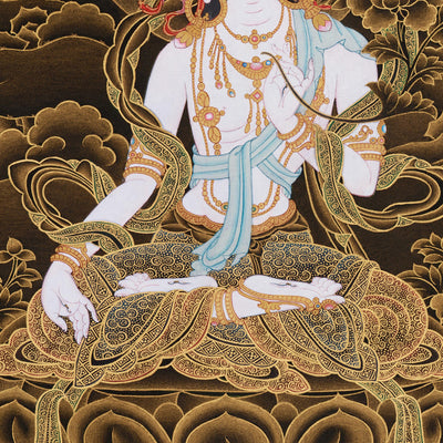 Hand-Painted Three Deities of Long Life: White Tara, Amitayus, and Namgyalma | Gold Embellished Thangka