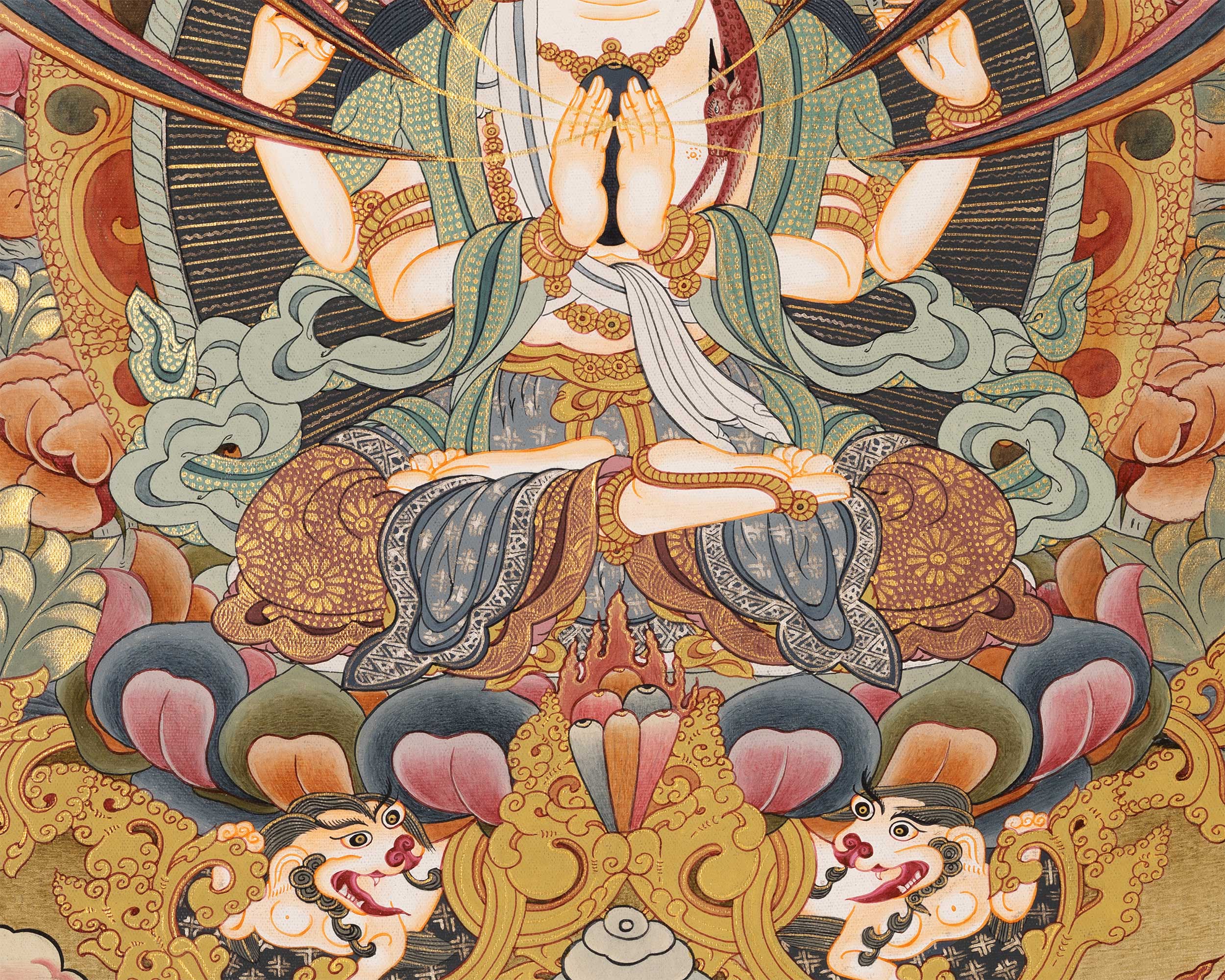 Thangka of Avalokiteshvara with Mantra | Featuring Manjushri and Vajrapani