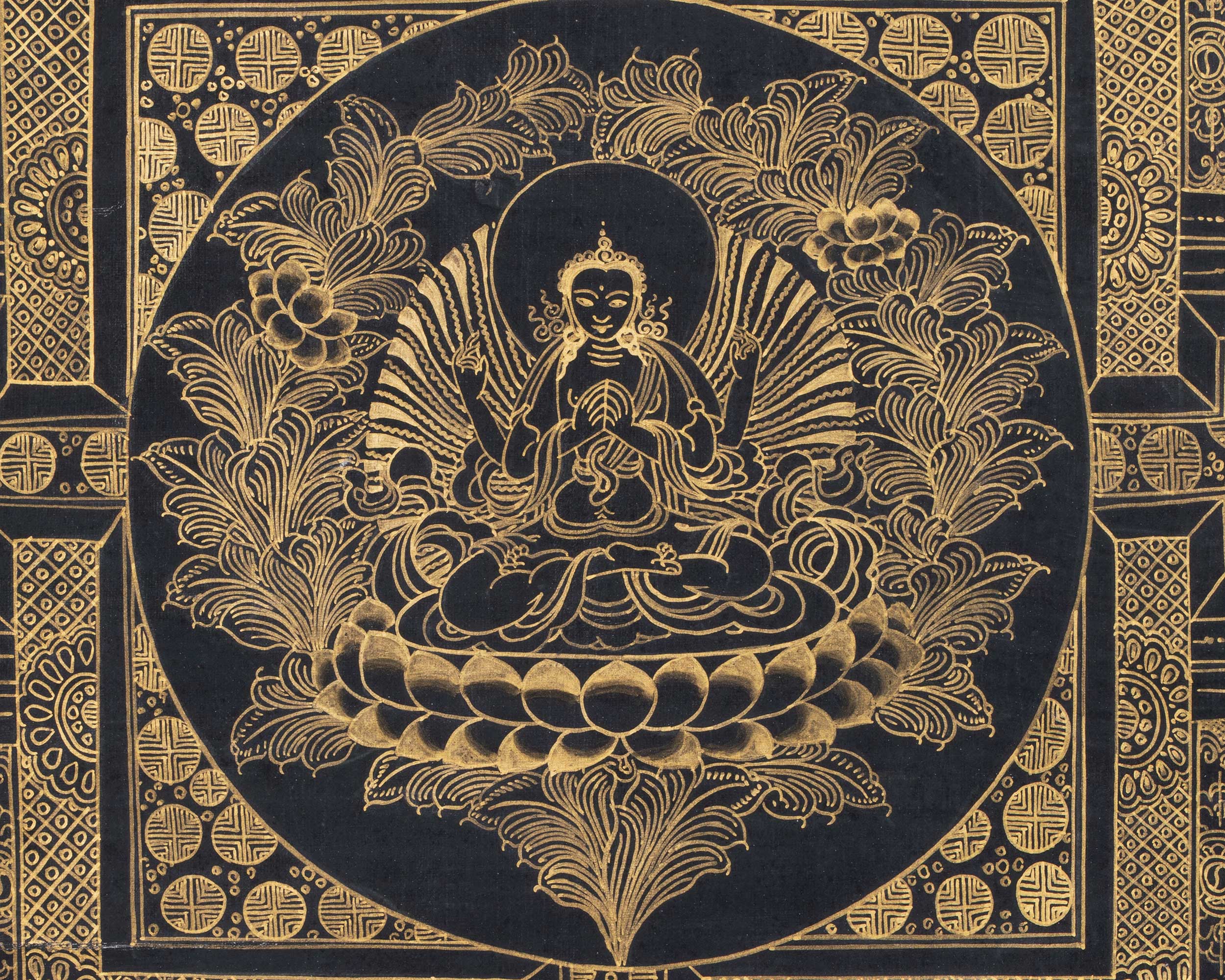Gold And Black Style Chenrezig Mandala Thangka | Tibetan Buddhist Art