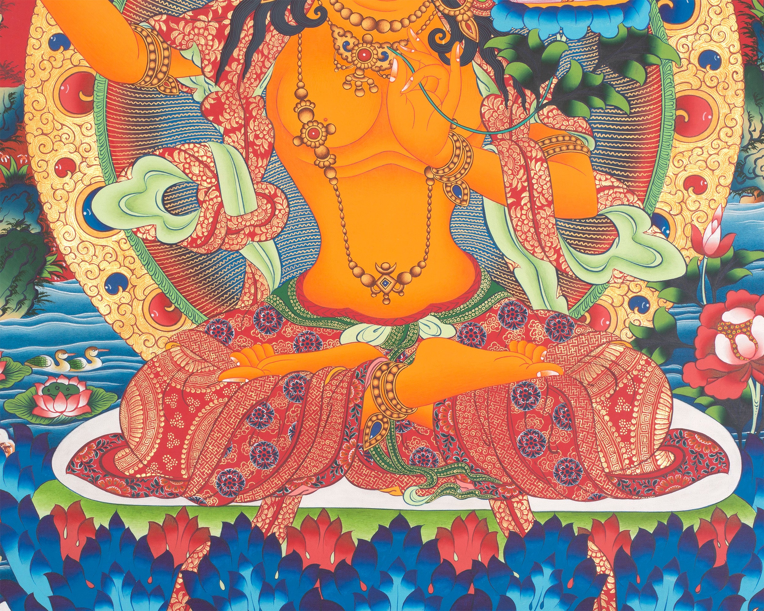 Sacred Manjushri Tibetan Thangka | Wisdom Deity on Vibrant Red Canvas