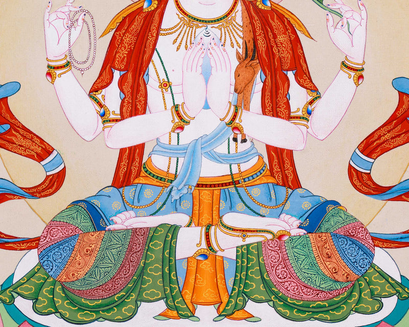 Hand-painted Four-Armed Chenrezig Thangka | Avalokiteshvara Bodhisattva Art