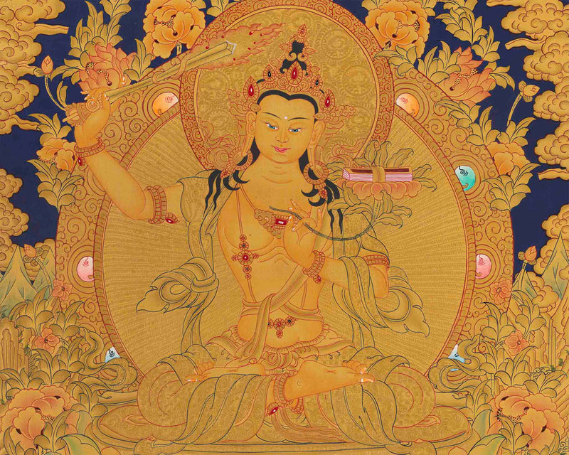 Manjushree Thangka Painting | 24K Gold Style Art | Religious Wall Decors