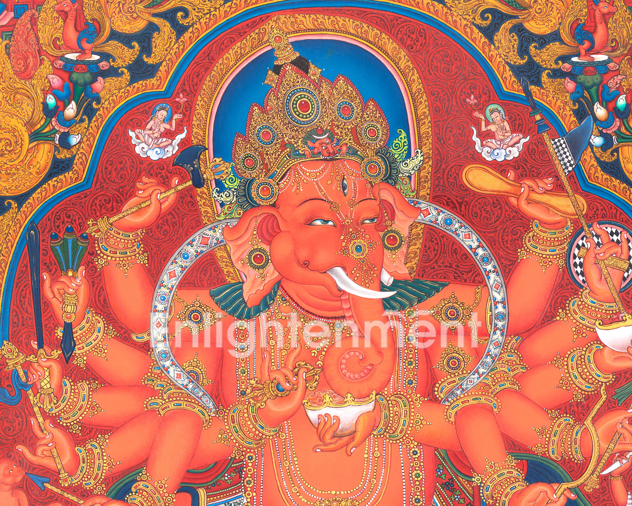 Hand Painted Ganesh Thangka | Hindu Deity Of Wealth | Traditional Wall Decoration