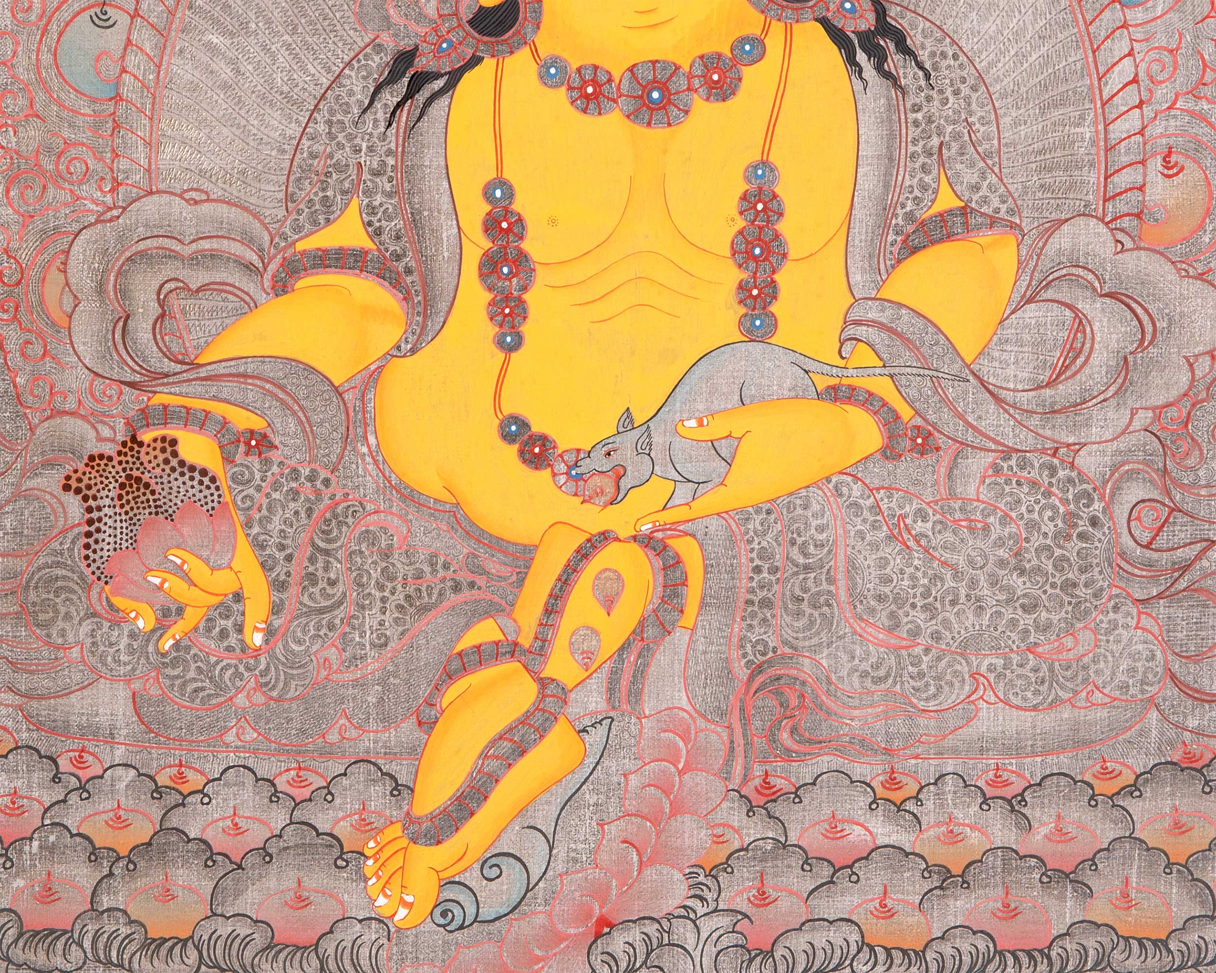 Dzambala Thangka Painting | Brocade Mounted Dzambhala Mantra