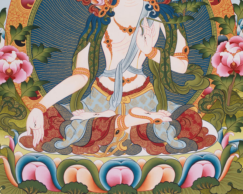 Mother Goddess Tara Thangka | Hand-Painted White Tara Artwork