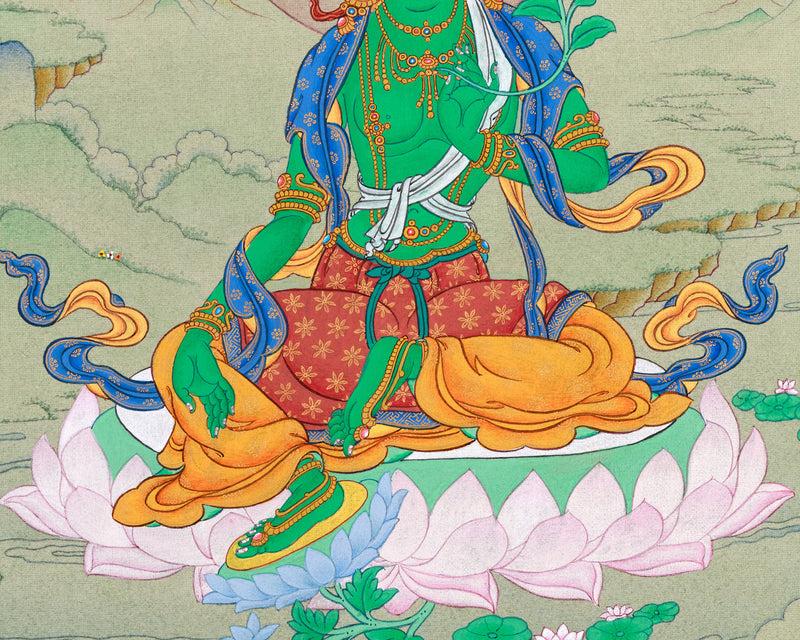 Tibetan Art of Small Green Tara on Cotton Canvas