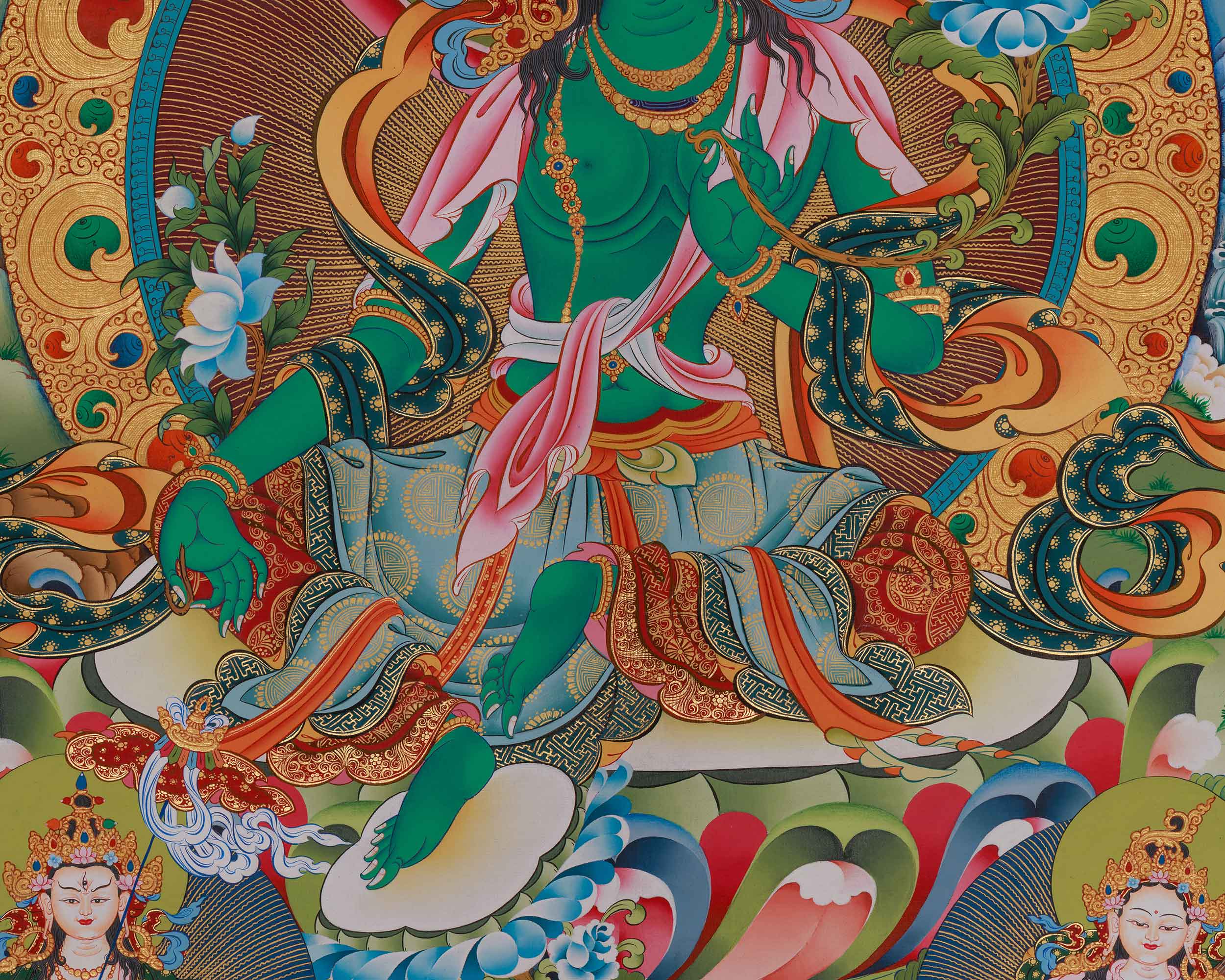Green Tara Divine Thangka | Five Dhyani Buddhas, Saraswati, and Dukar