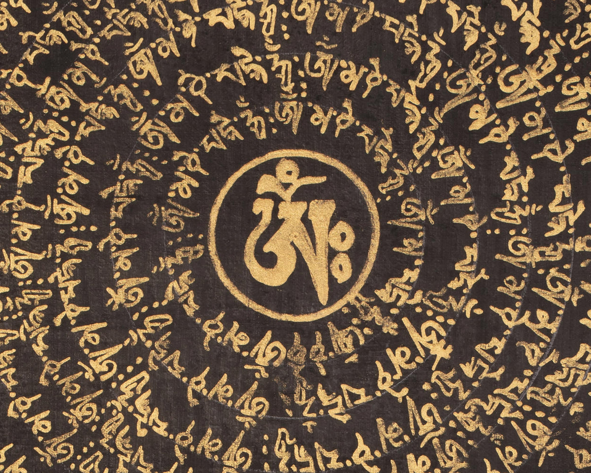 Tibetan Thangka of Mantra Mandala | Sacred Gold-on-Black Buddhist Artwork