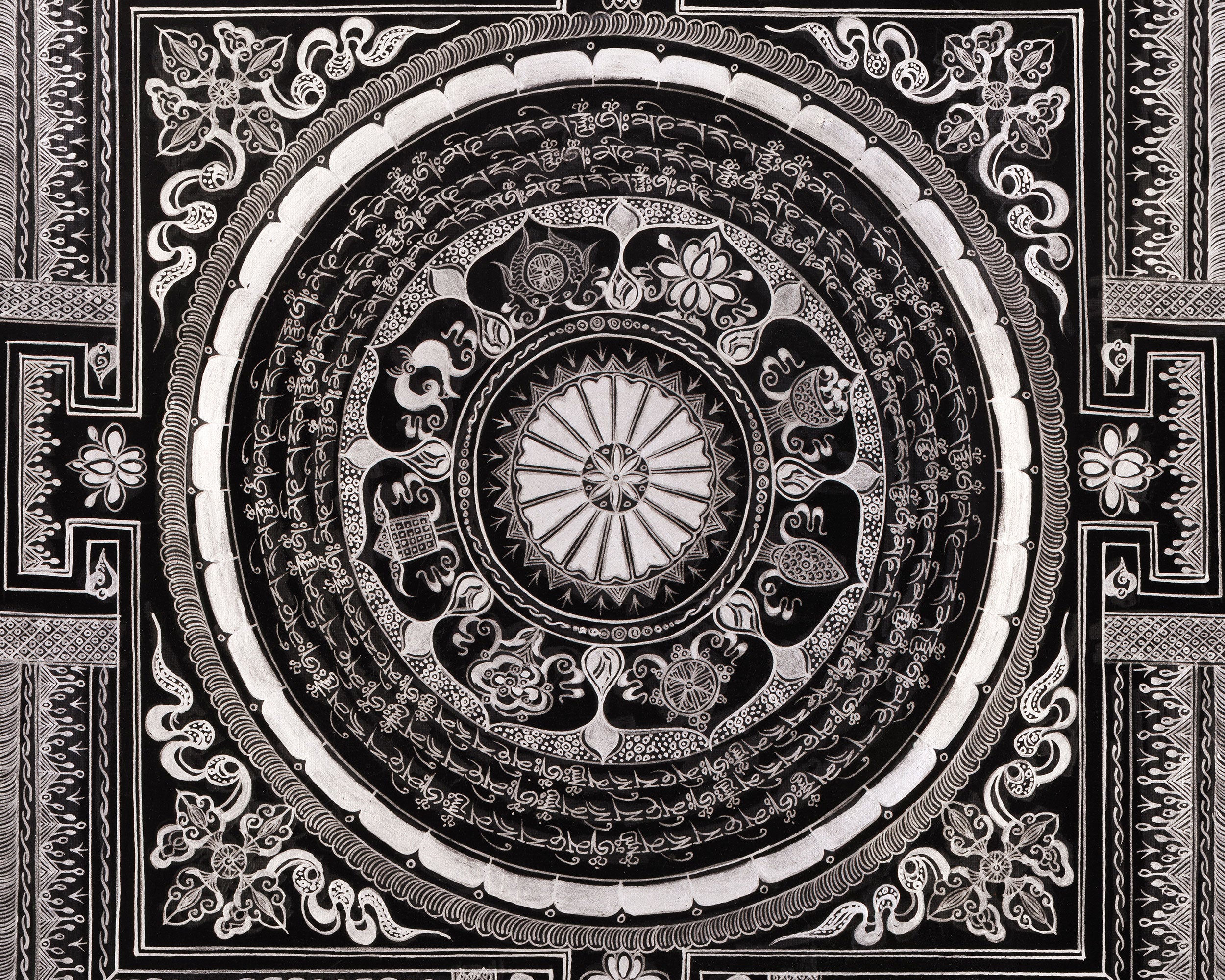 Eight Auspicious Symbol Mantra Mandala | Giclée Cavans Print | Monochromatic Artwork
