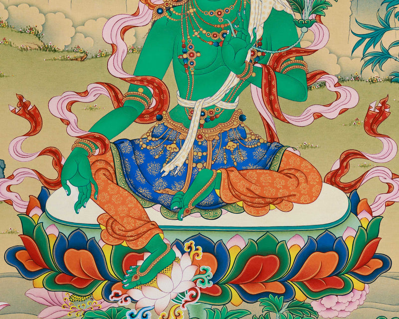 Green Tara Divine Tapestry Thangka Print | Spiritual Elegance for Your Space