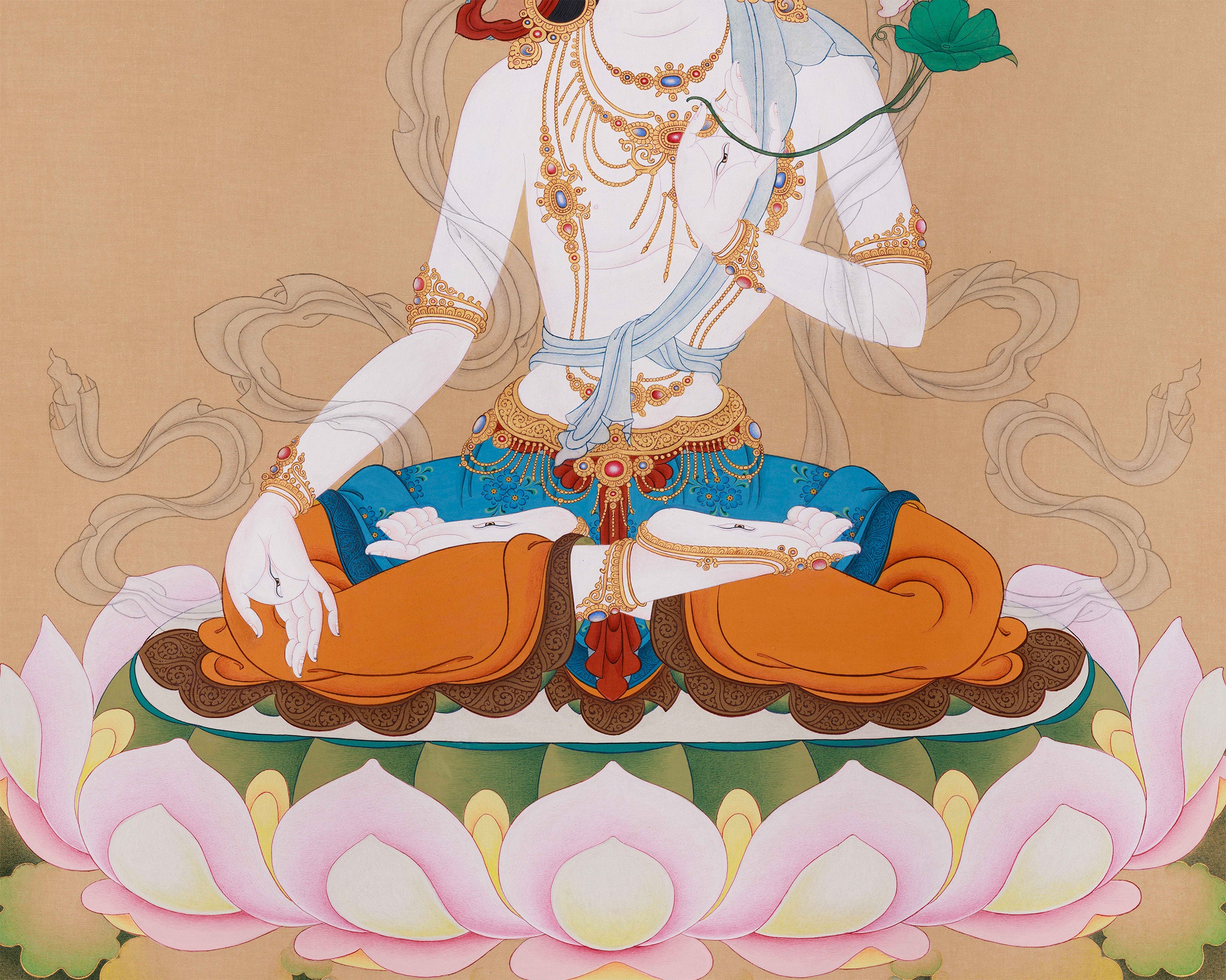 Original Tibetan Buddhist Goddess White Tara Painting | Graceful Deity with Lotus Blossom