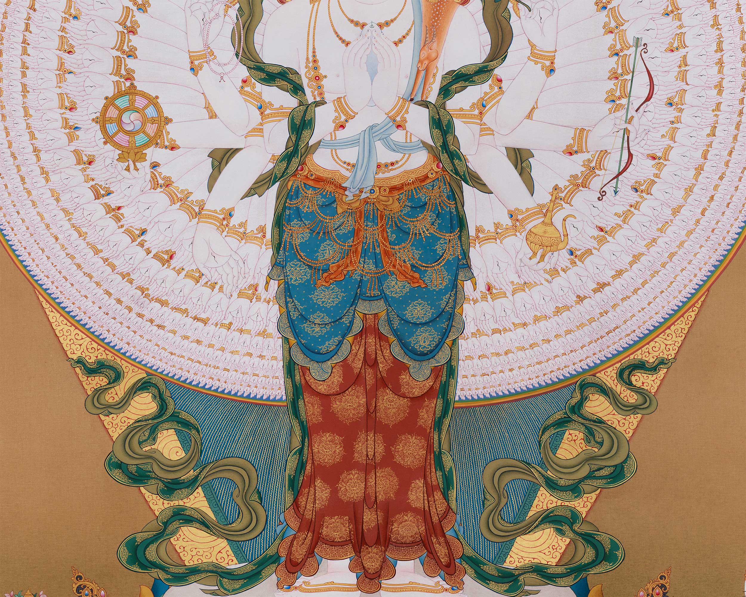 Exclusive 1000 Armed Chenrezig with 8 Bodhisattva Thangka | 40x50 Inches Thangka of Compassion, Power, and Enlightenment