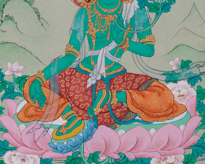 Compassionate Green Tara Thangka – Divine Protection and Healing in Traditional Karma Gadri Style