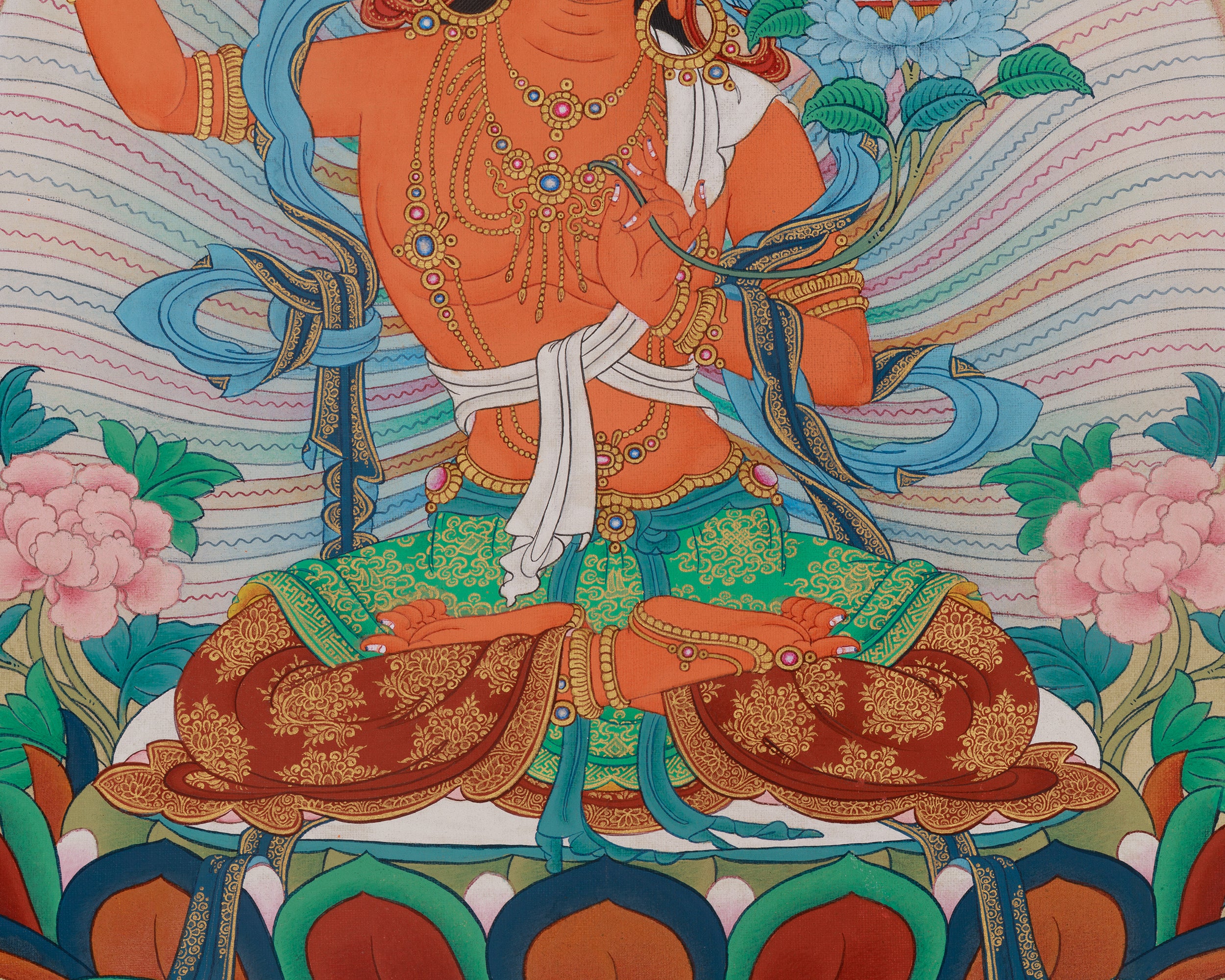 Manjushri With Vajrapani and Chenrezig Thangka | Sacred Wisdom Compassion Deity