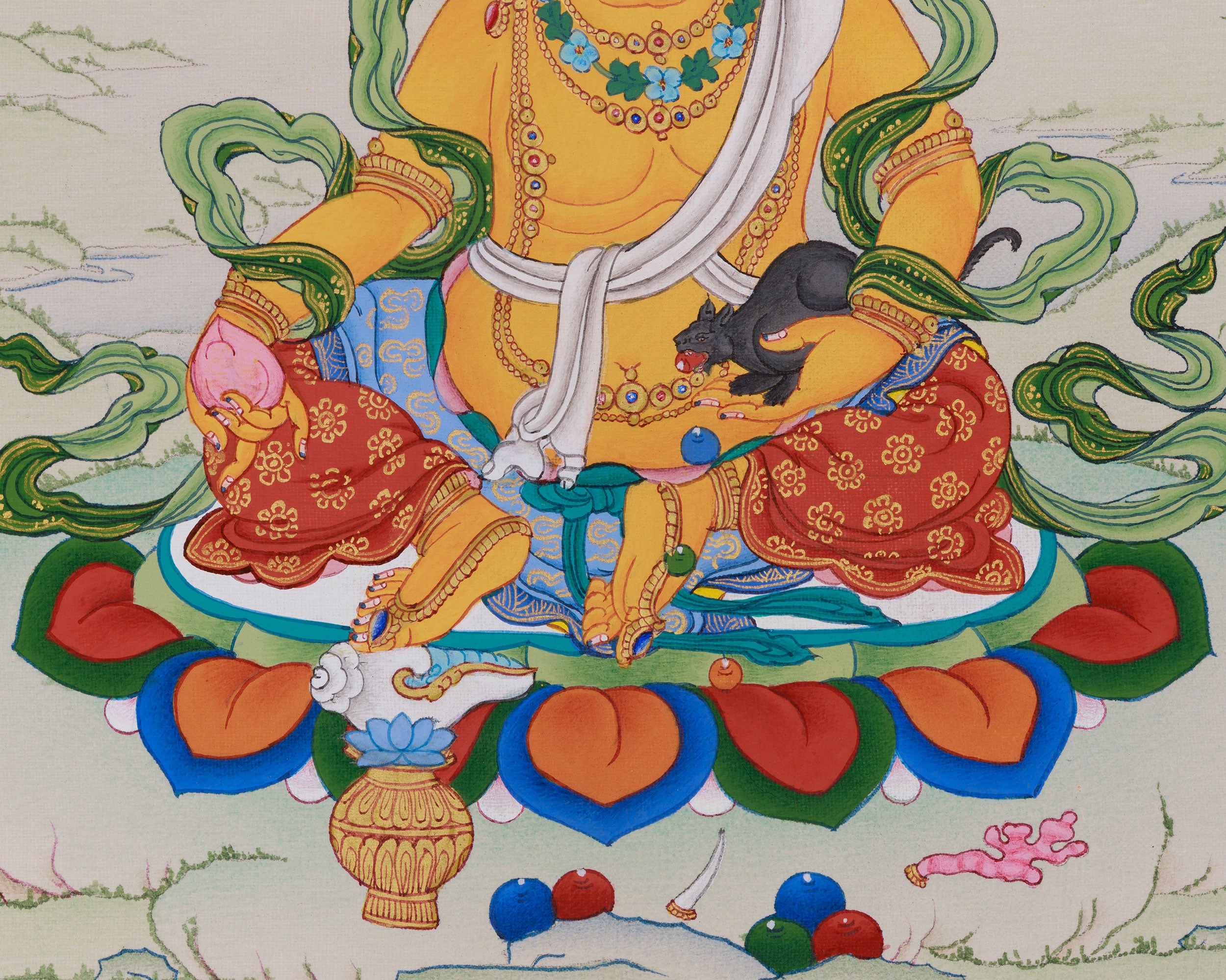Hand-Painted Yellow Dzambhala Thangka | The Buddha of Prosperity and Fortune