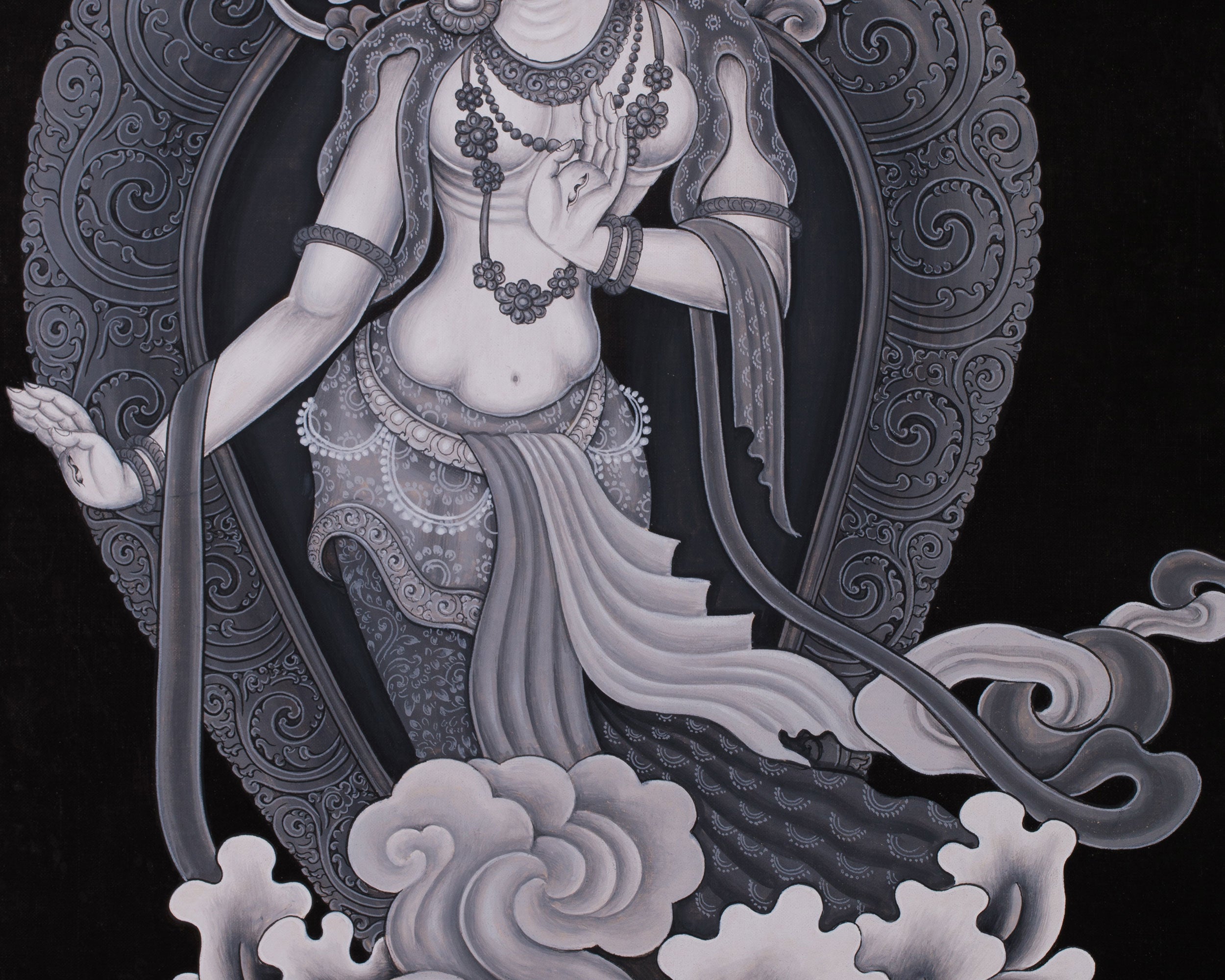 Standing White Tara Painting | Monochromatic Spiritual Masterpiece