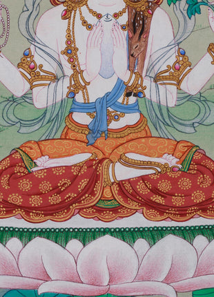 Hand-Painted Mini Chenrezig Thangka | Tibetan Buddha Art of Compassion and Protection
