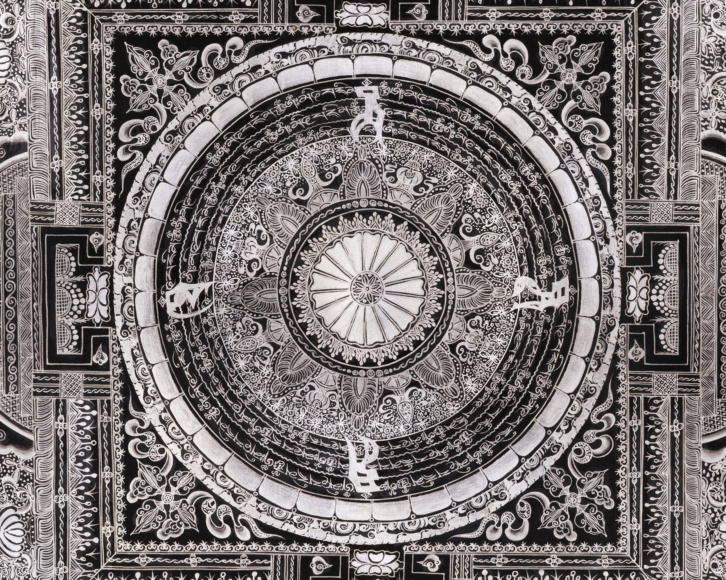 Giclée Mantra Mandala Print | Mythical Creatures, Concentric Circles, and Protective Mantras