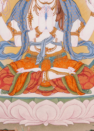 Four-Armed Avalokiteshvara Thangka Artwork Print | Traditional Bodhisattva Chenrezig on Cotton Canvas