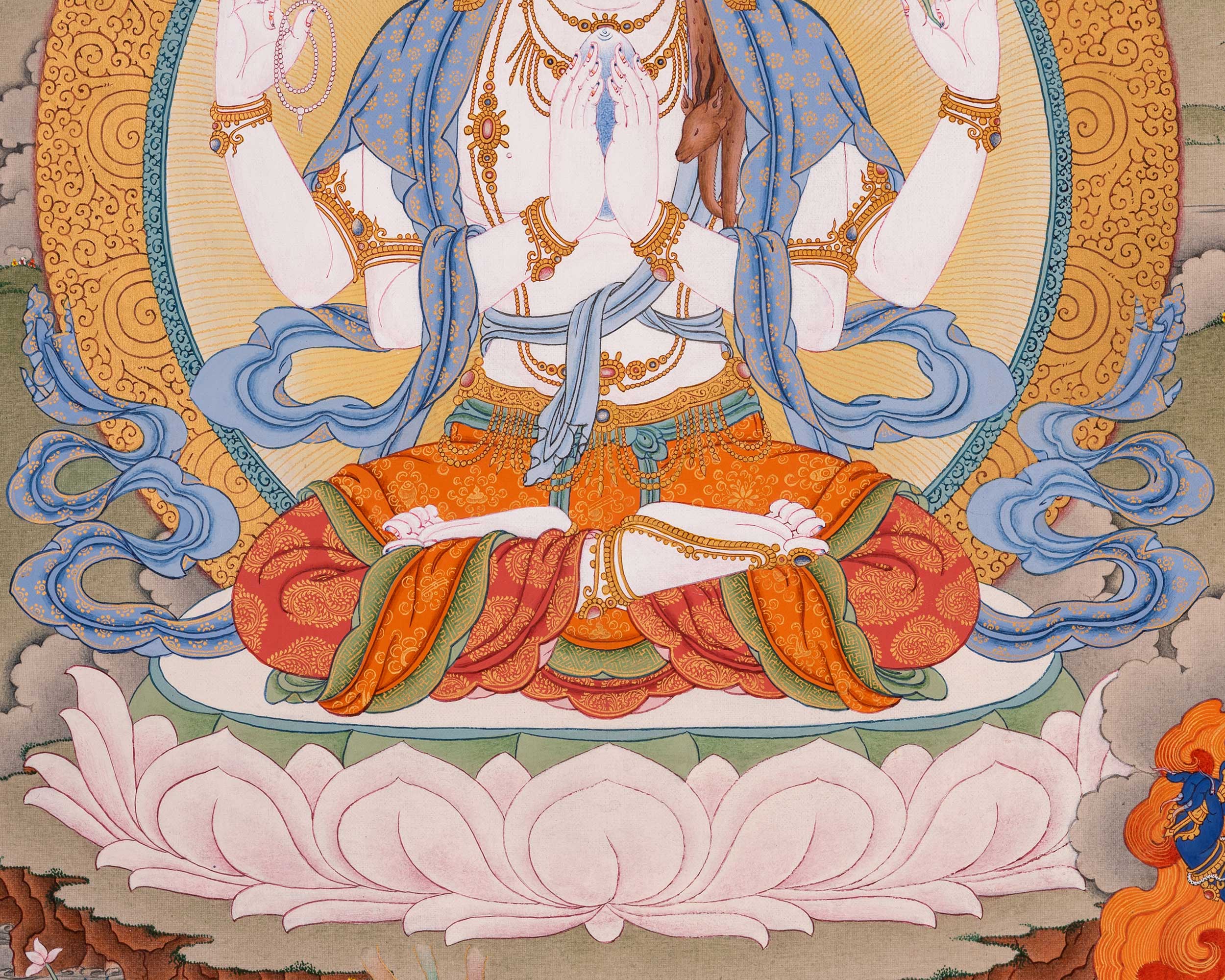 Four-Armed Avalokiteshvara Thangka Artwork Print | Traditional Bodhisattva Chenrezig on Cotton Canvas