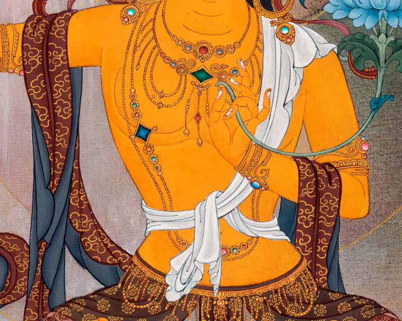 Manjushri with Chenrezig and Vajrapani Thangka | Hand Painted Artwork of Traditional Buddhism | Meditation Art