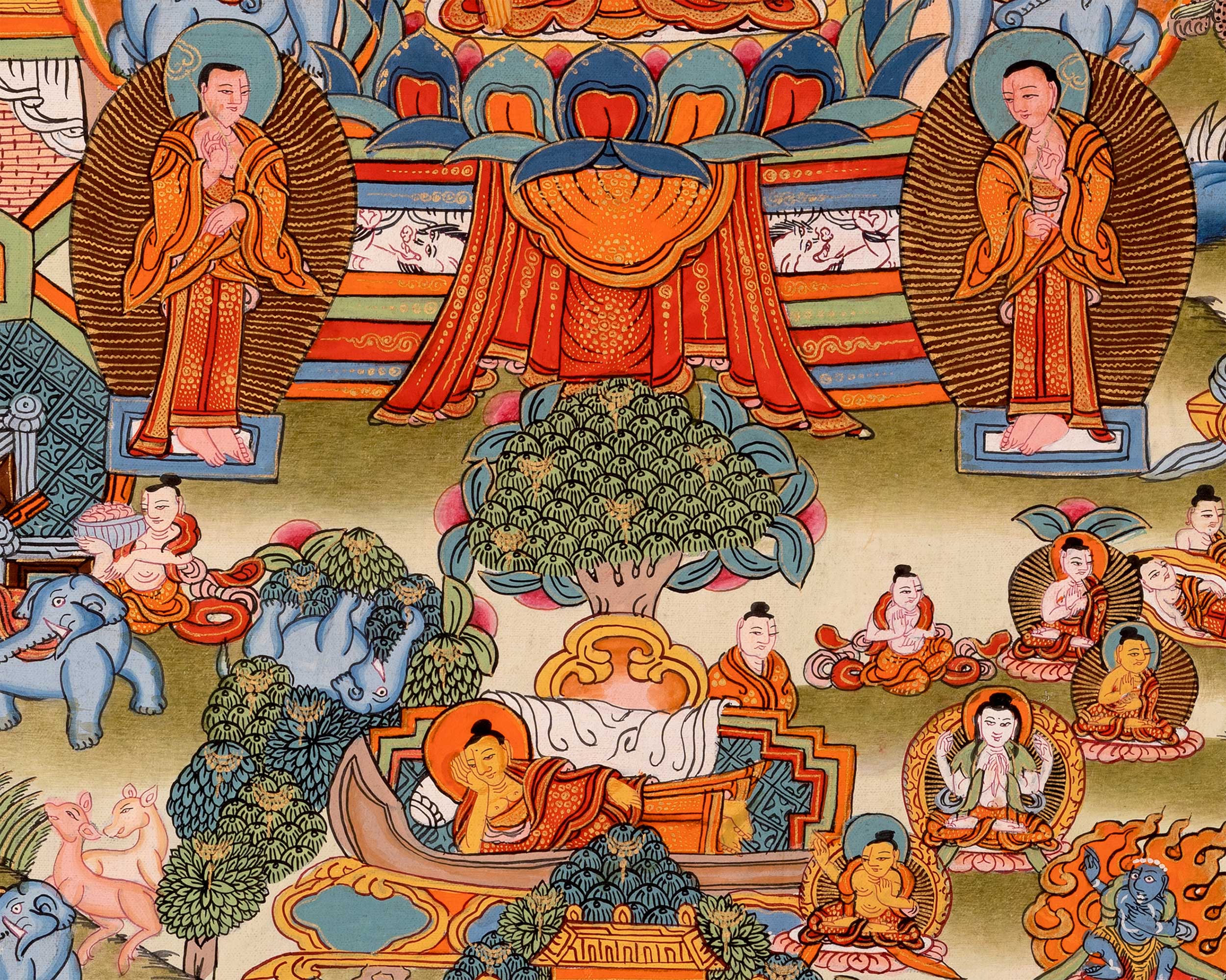 The Life Story of Shakyamuni Buddha Thangka | Journey From Birth to Enlightenment