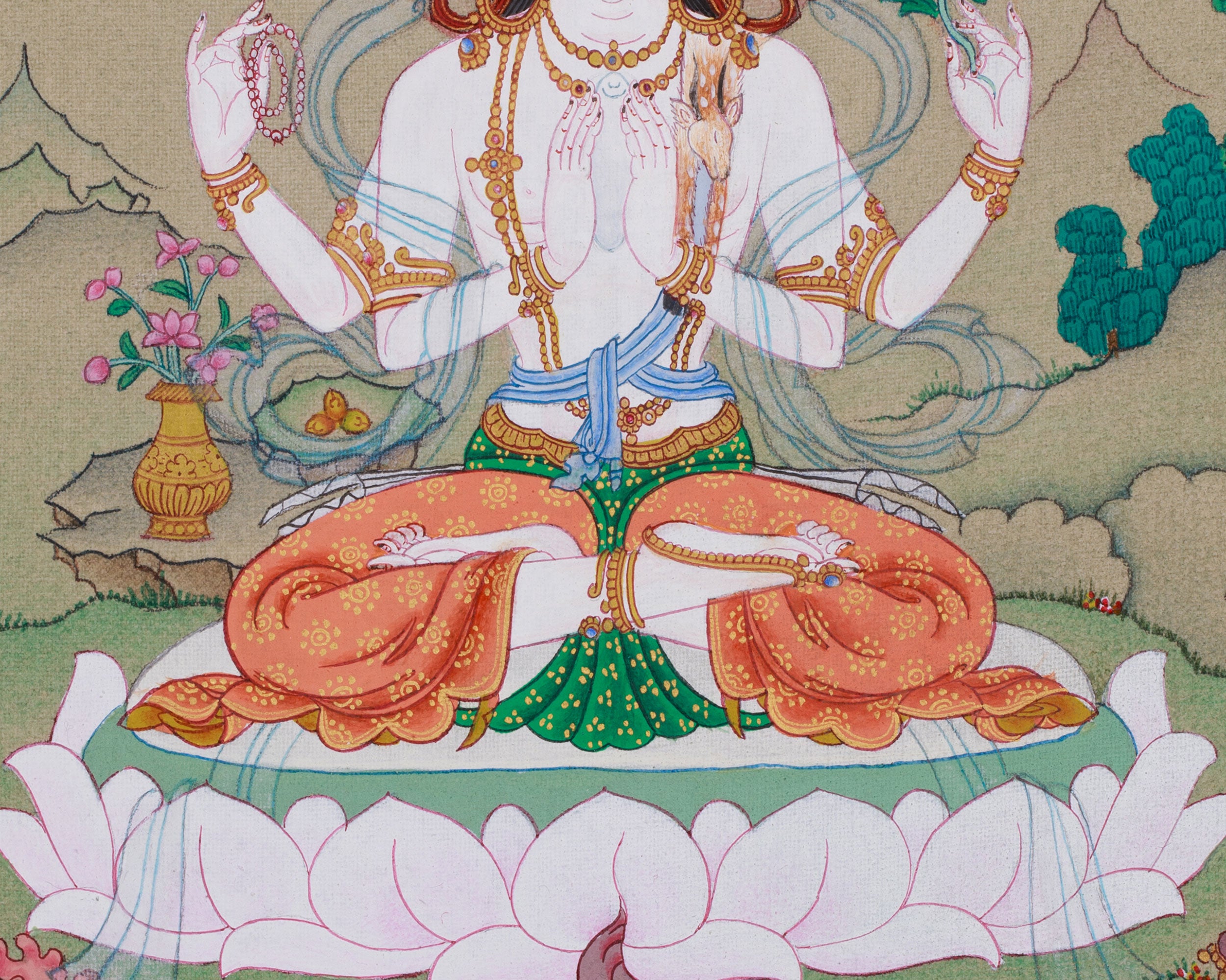 Divine Four-Armed Chenrezig Thangka | A Sacred Symbol of Compassion
