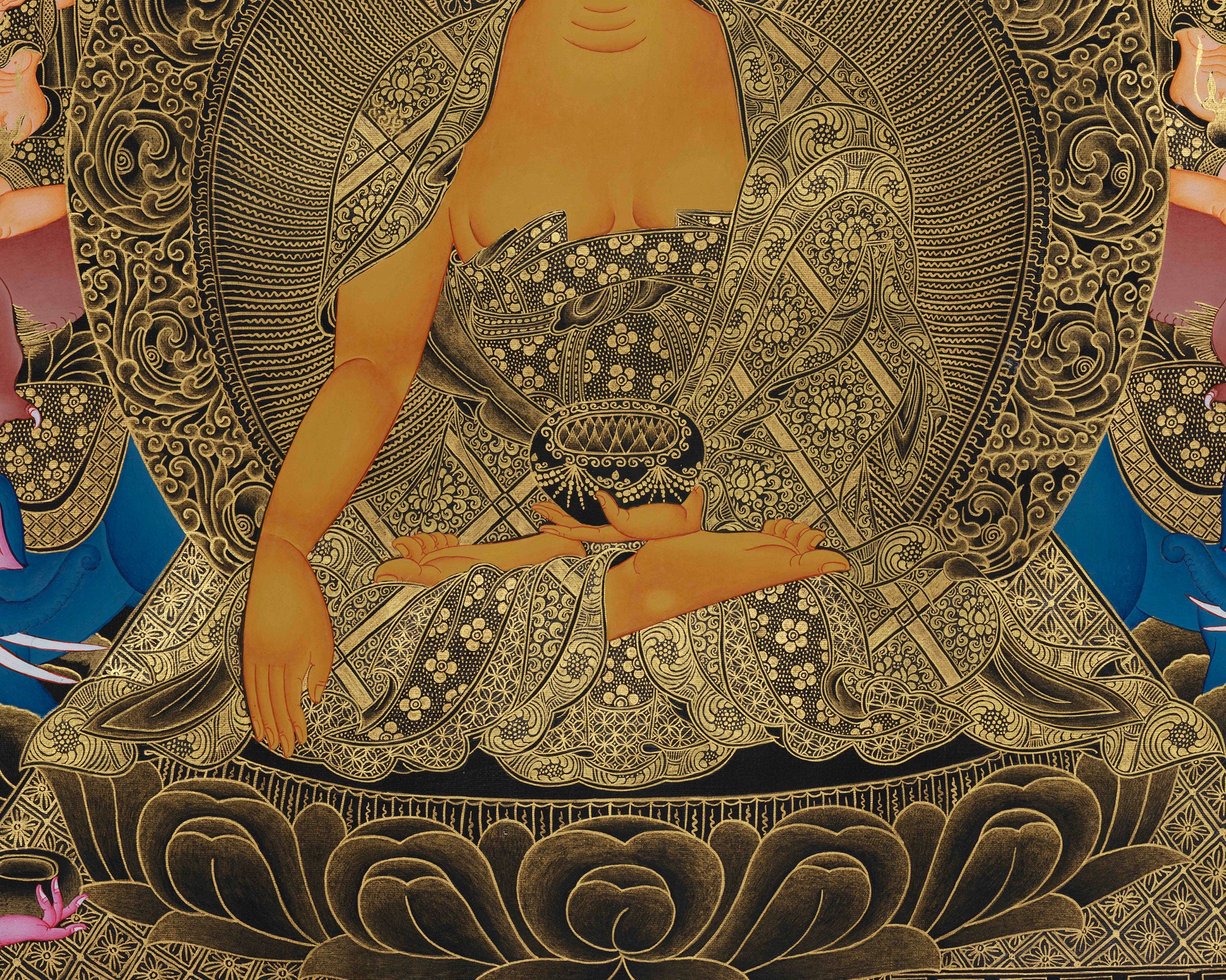 Imperial Presence Enlightened Teacher Shakyamuni Buddha | Opulent Gold Thangka of Buddha on Throne