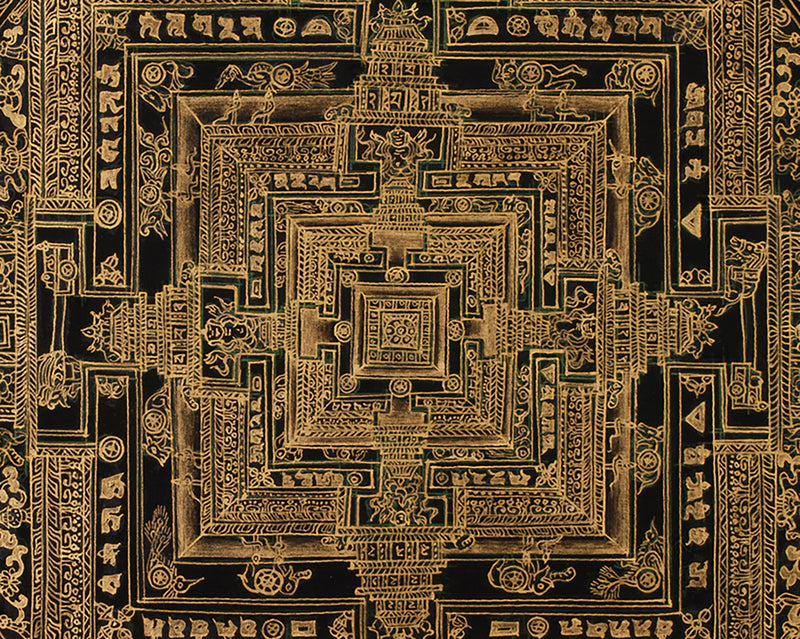 Hand-Painted Gold and Black Kalachakra Mandala | Sacred Wheel of Time Painting