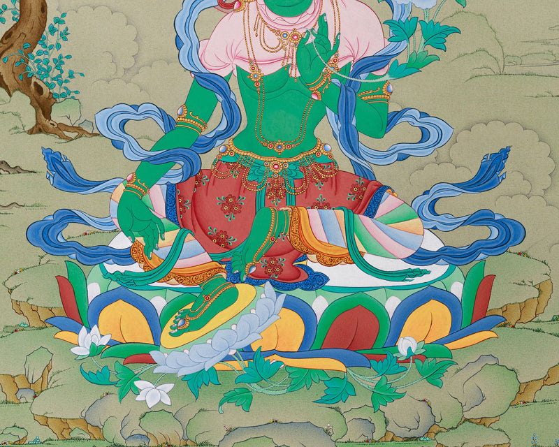 Majestic Green Tara Painting | Goddess of Swift Action | Tibetan Buddhism Decor