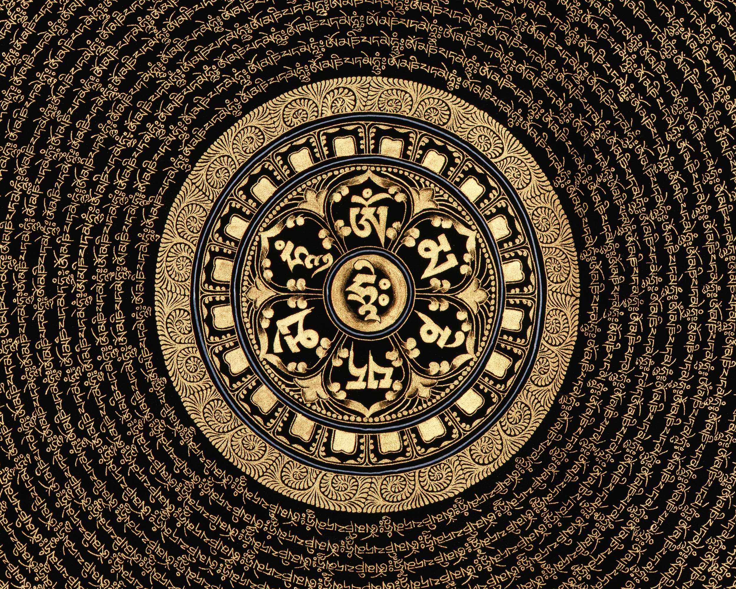 Black and Gold Mantra Mandala | Hand-Painted 24K Gold Tibetan Thangka