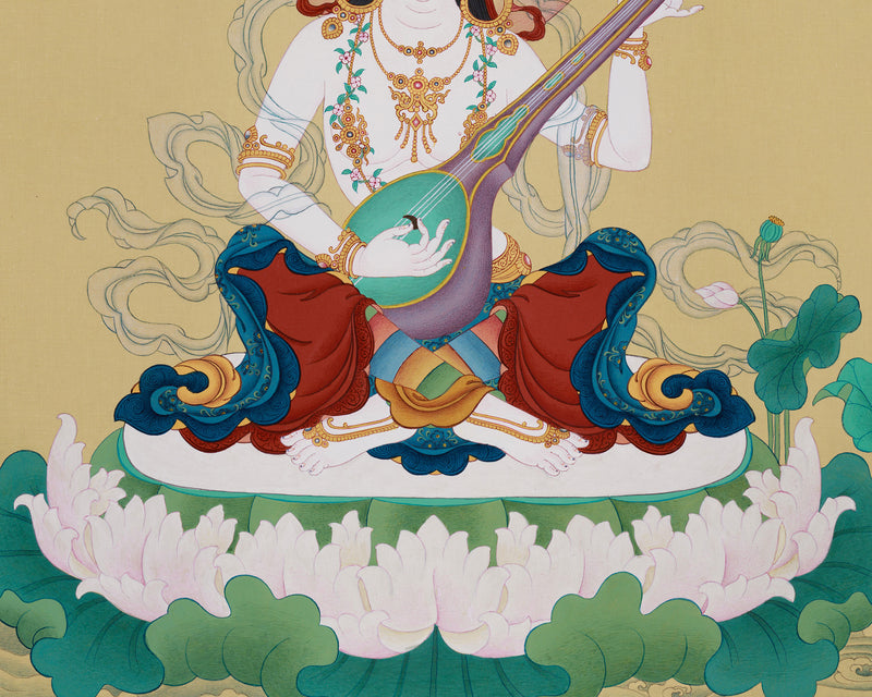 Exclusive Saraswati Thangka | Traditional Lhasa's Stone Pigments