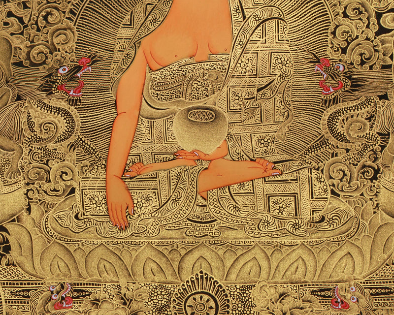 Opulent Gold Thangka of Historical Shakyamuni Buddha | The Awakened One in Elaborate Gold Throne