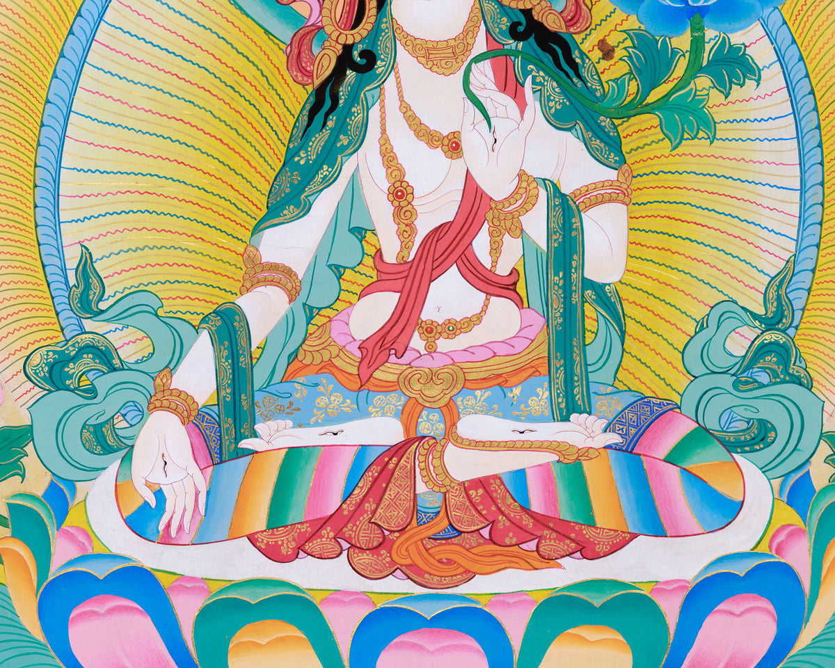 White Tara with Amitayus Buddha Art | Sacred Tibetan Longevity Thangka