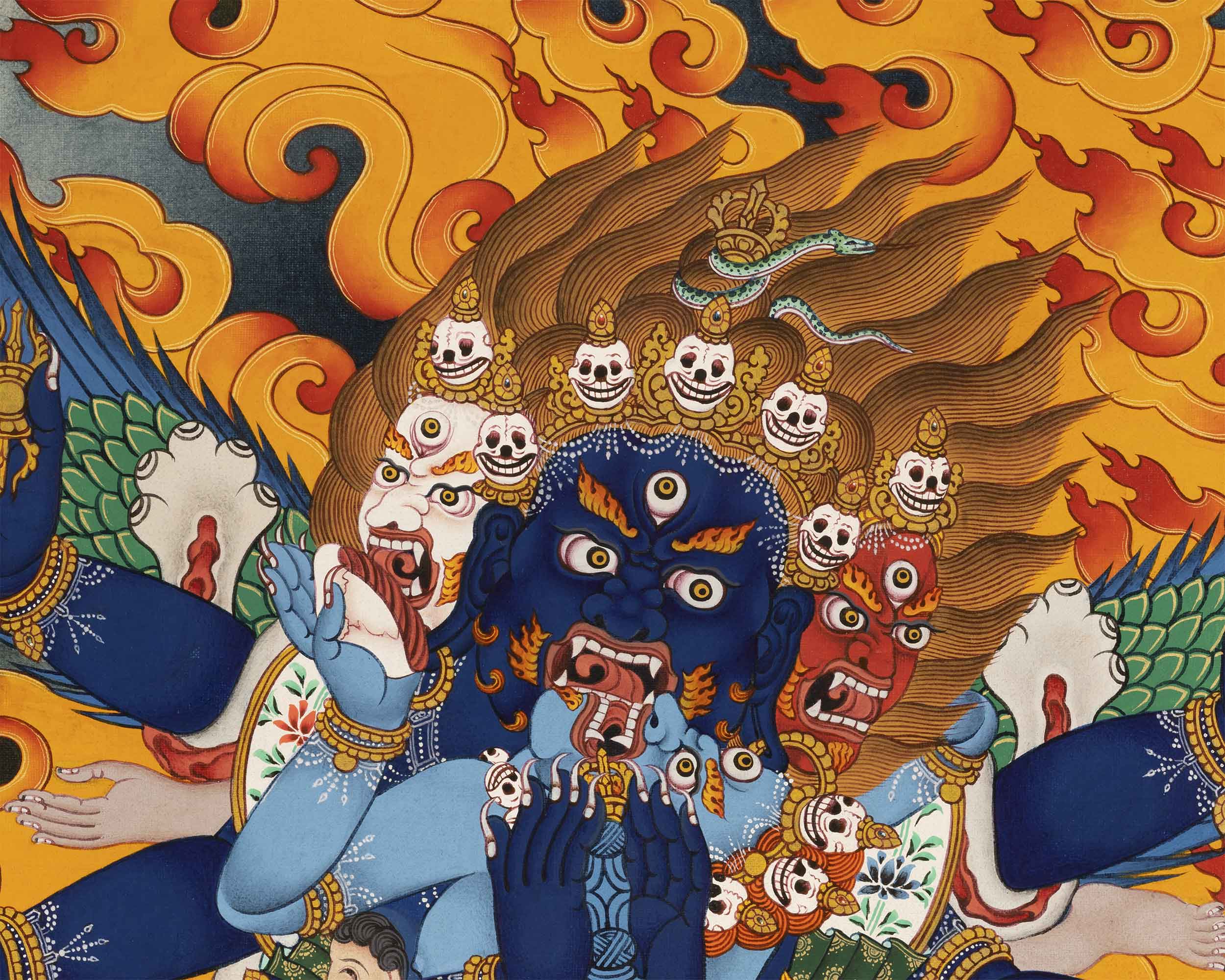Vajrakilaya Thangka Print | Antique Black and Red Silk Brocade | Runner