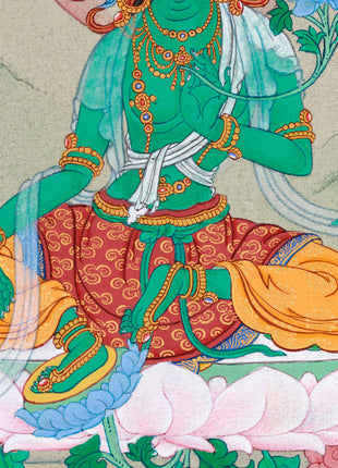 Divine Feminine Thangka - Hand-Painted Green Tara Tibetan Painting