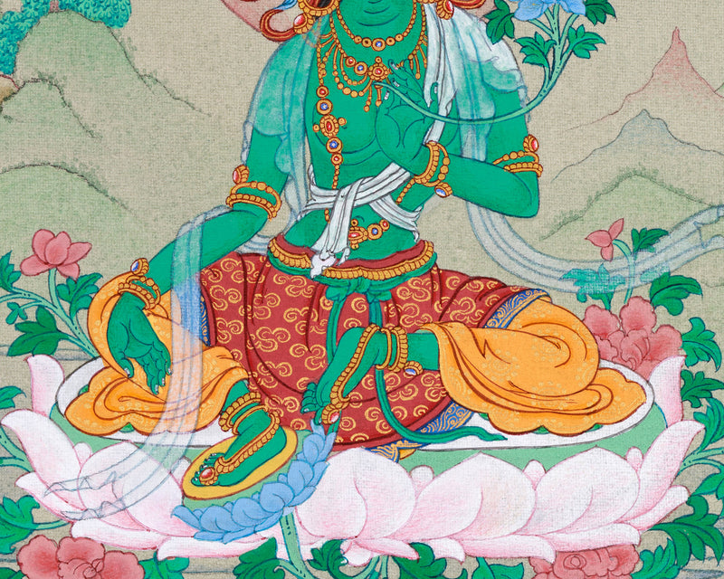 Divine Feminine Thangka - Hand-Painted Green Tara Tibetan Painting